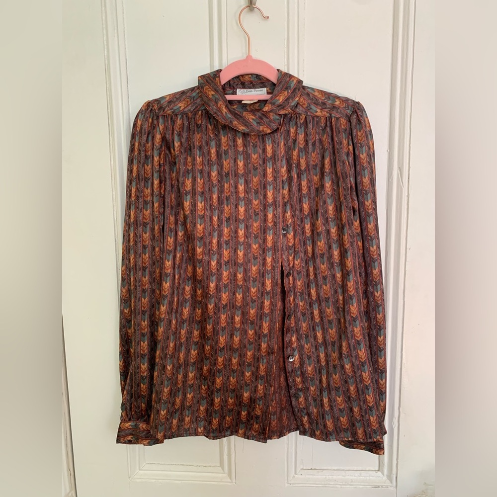 Vintage Brown Patterned Button Down Blouse - image 2